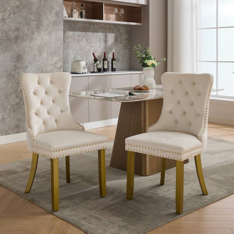 Roomfitters Upholstered Dining Chairs Set of 2 with Nailhead Trim and Gold Legs, Modern Side Chairs for Kitchen - Milk White