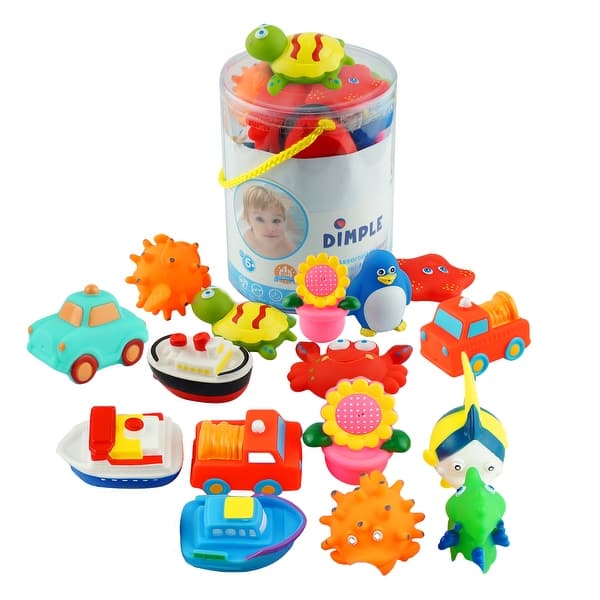 slide 2 of 16, Dimple Set of 20 Floating Bath Toys with 20 Different Sea Animals, Vehicles and Shapes, Squirter Toys for Boys and Girls 20 Motor Toys