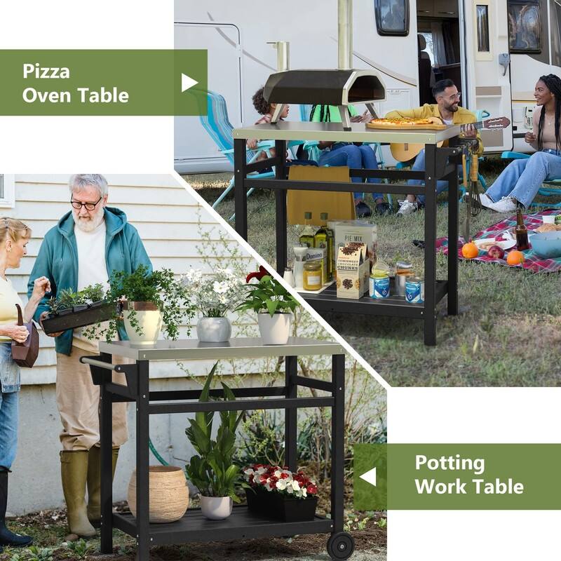 Portable Outdoor Grill Cart with HDPE Legs,Stainless Steel Top&Double-Shelf Storage for BBQ Prep Table