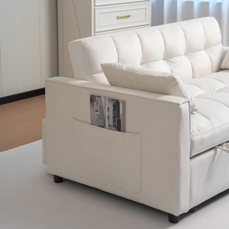 Velvet Sleeper Sofa with Adjustable Backrest, Pull-Out Loveseat Sofa Bed Couch with Storage & Lumbar Pillows