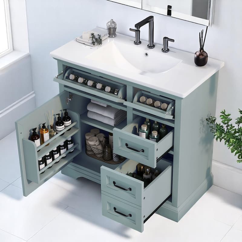 36 Inch Freestanding Bathroom Vanity with Ceramic Sink, Tip-Out & Storage Drawers, Soft Close Door Hinges