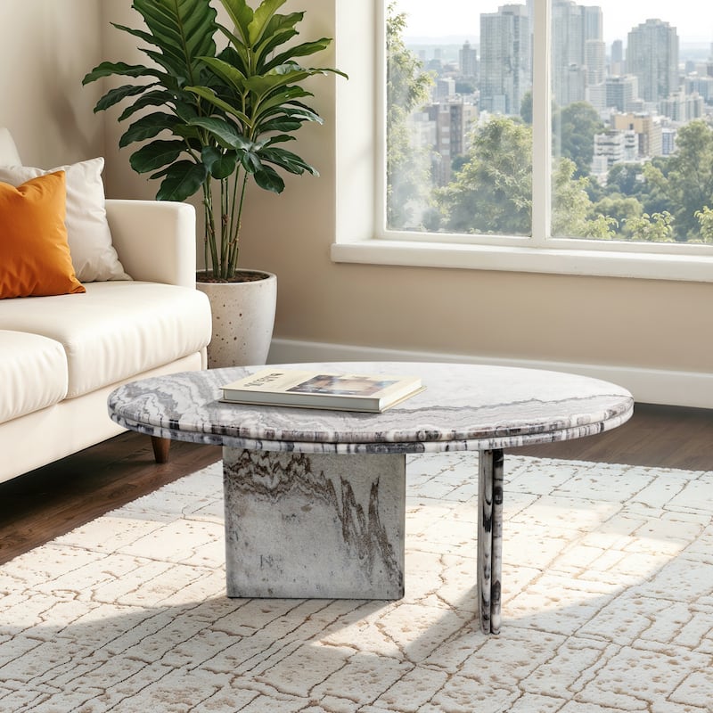 Round Marble Coffee Table Stone Table for Living Room or Office Ivory/Gray/Brown 42" - 42" x 32" x 18"