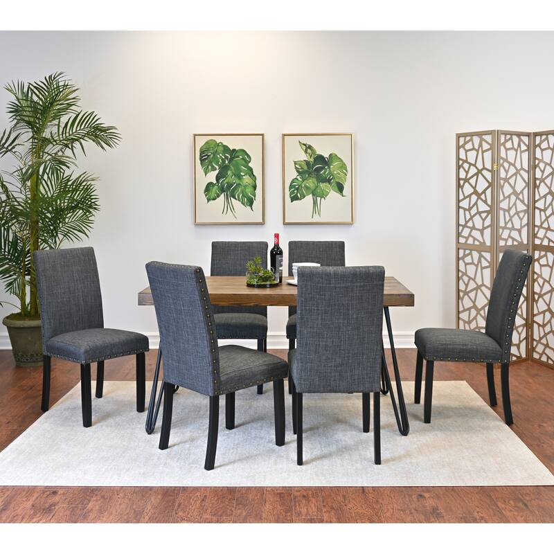 Country Kitchen Dining Table and Chair Sets with High-Back Brass Nailhead Chairs and Metallic Hairpin Base for Dining Room - Grey