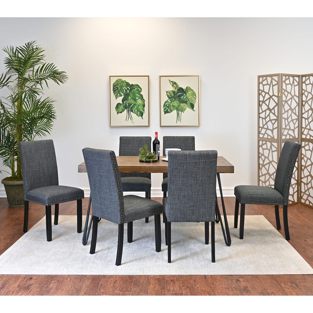 Dining Room Furniture Set for 6, Modern 7 Piece Wooden Hairpin Kitchen Table with 6 Nailhead Upholstery Chairs, for Restaurant