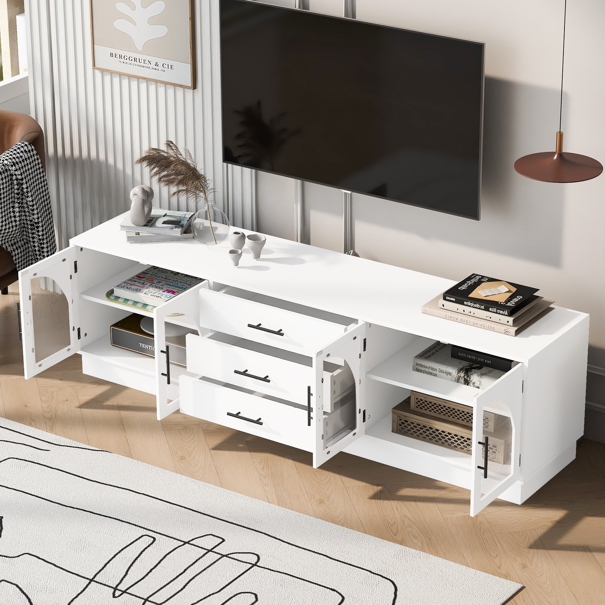 Arched Glass Doors Media Cabinet TV Stand for TVs up to 75