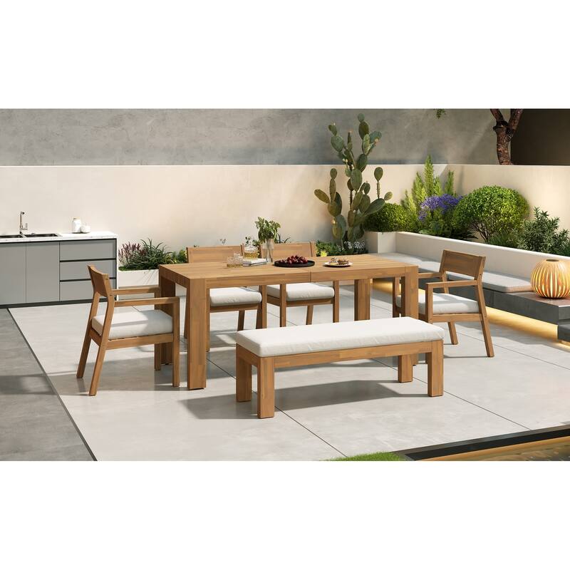 Outdoor Patio Dining Table Set for 6 - Person with Umbrella Hole Acacia Wood and Removable Cushions