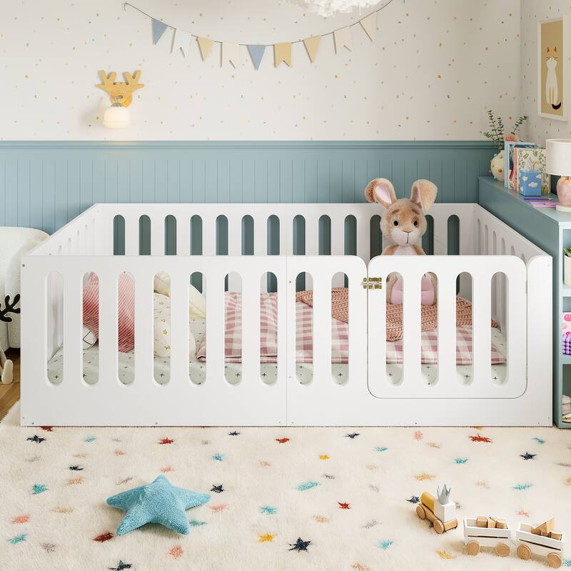 Toddlers Montessori Floor Bed with High Fence, Door, Low Profile Platform Bed Frame for Kids with No Box Spring Needed, No Slats