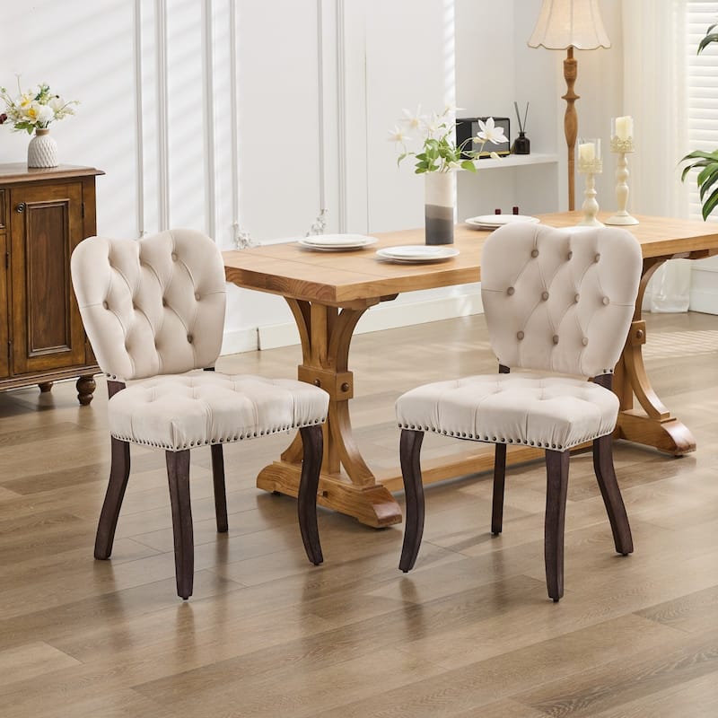 Roomfitters French Vintage Dining Chairs Set of 2, Tufted Velvet Upholstered Accent Chairs with Curved Wood Legs