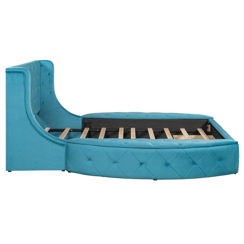 Low Profile Bed Queen Size Velvet Upholstered Platform Bed with Wingback Headboard, Big Drawer and 2 Semicircle Side Stools