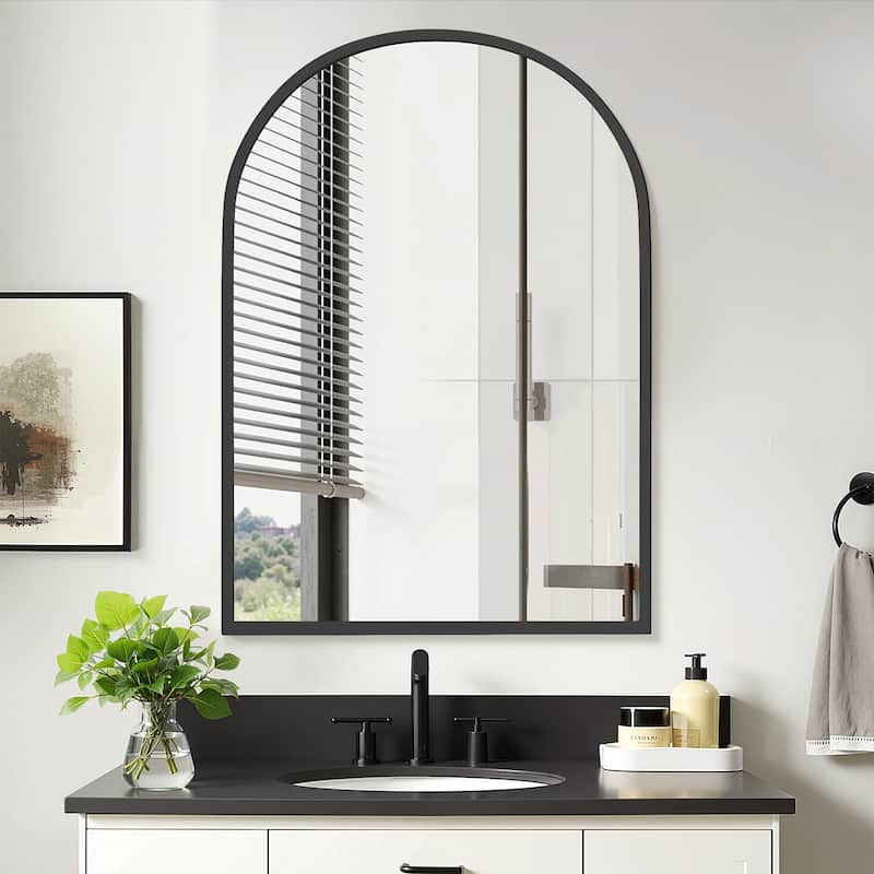 Arched Bathroom Medicine Cabinet with Mirror Metal Framed Wall Mounted Recessed Cabinets for Bathroom Vanity - Black-39.4 in.H x 24.5 in.W