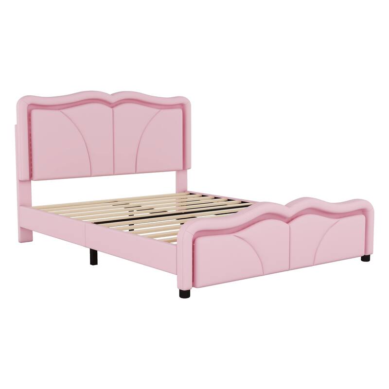 Modern Kids Twin/Full Platform Bed with Adjustable Height PU Headboard, LED Lights, and Sturdy Frame
