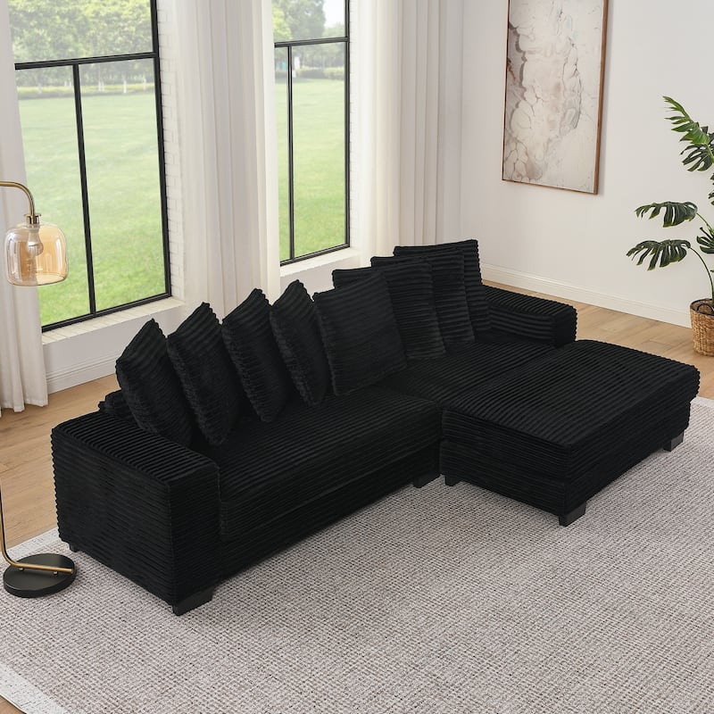 L-Shaped Convertible Sectional Sofa with Ottoman, Corduroy Tufted Upholstered Sleeper Sofa, Modular Corner 3 Seat Sofa - Black