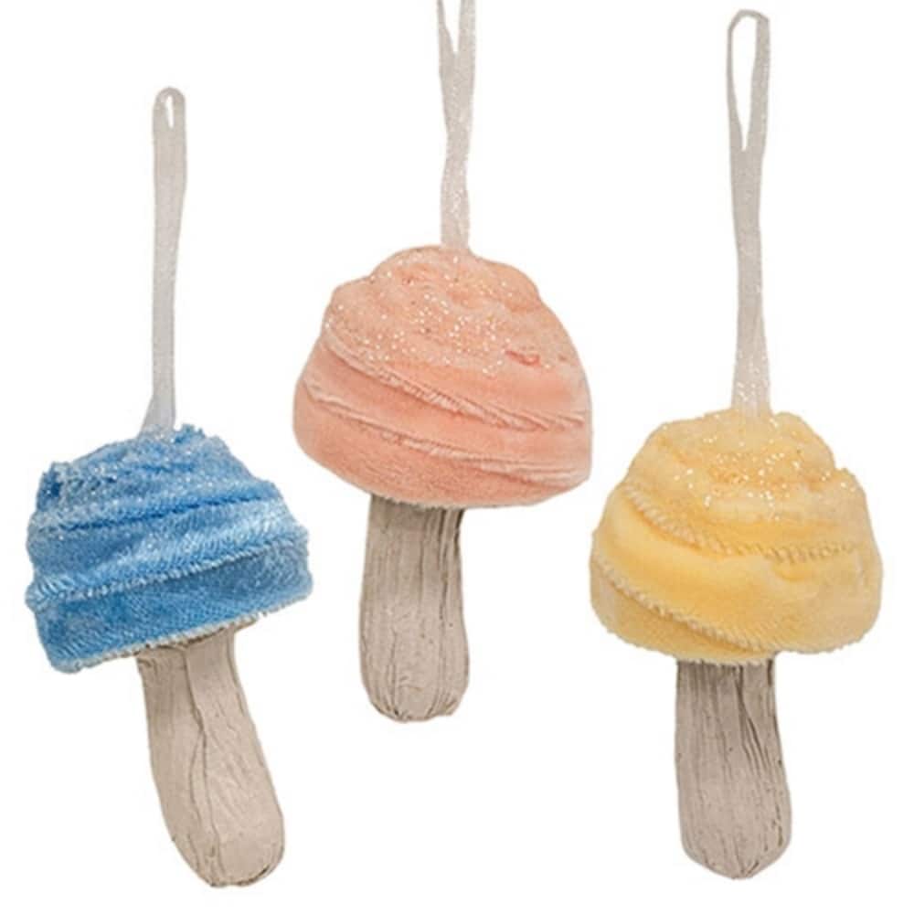 Velvet Mushroom Christmas Ornaments in Pastel Colors- 3 Asstd. - 2.5" x 1.75"