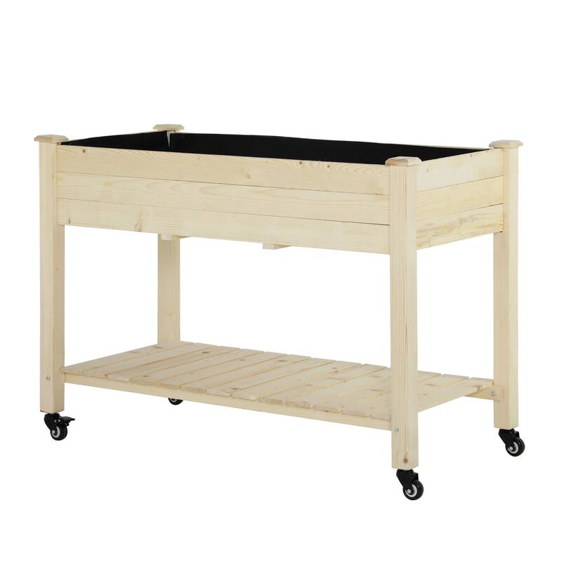 Outsunny Raised Garden Bed Mobile Elevated Wood Planter Box w/ Lockable Wheels, Storage Shelf for Herbs and Vegetables