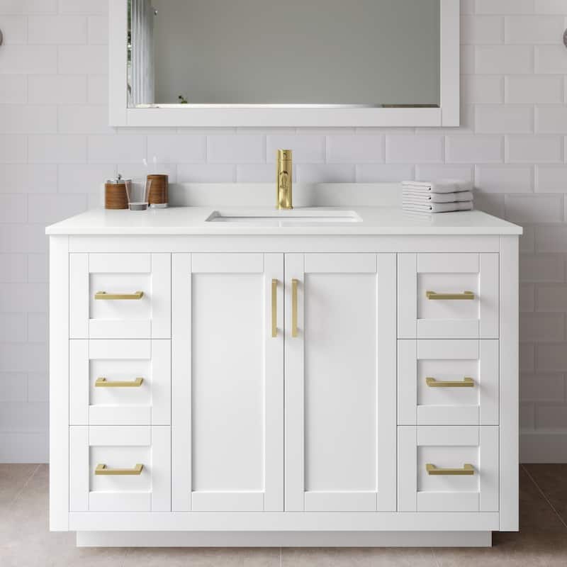 Wyndham Collection WCF292948S-QTZ-UNSMXX Miranda 48" Free Standing - White / White Quartz Top / Brushed Gold Hardware
