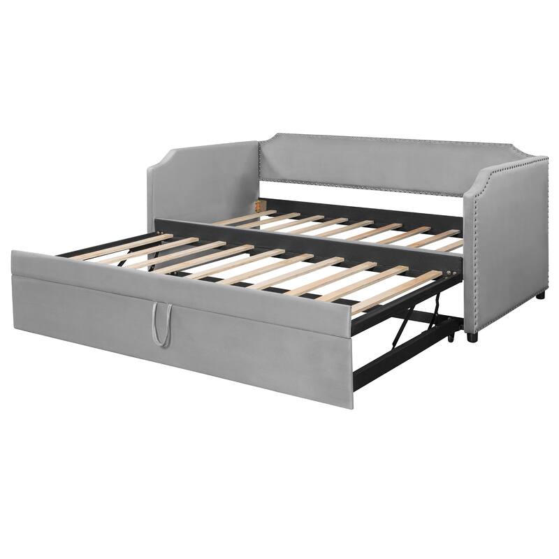 Extendable 2-in-1 Daybed Frame, Space-Saving Twin to King Design,Twin Size Velvet Upholstered Daybed with Pop Up Trundle