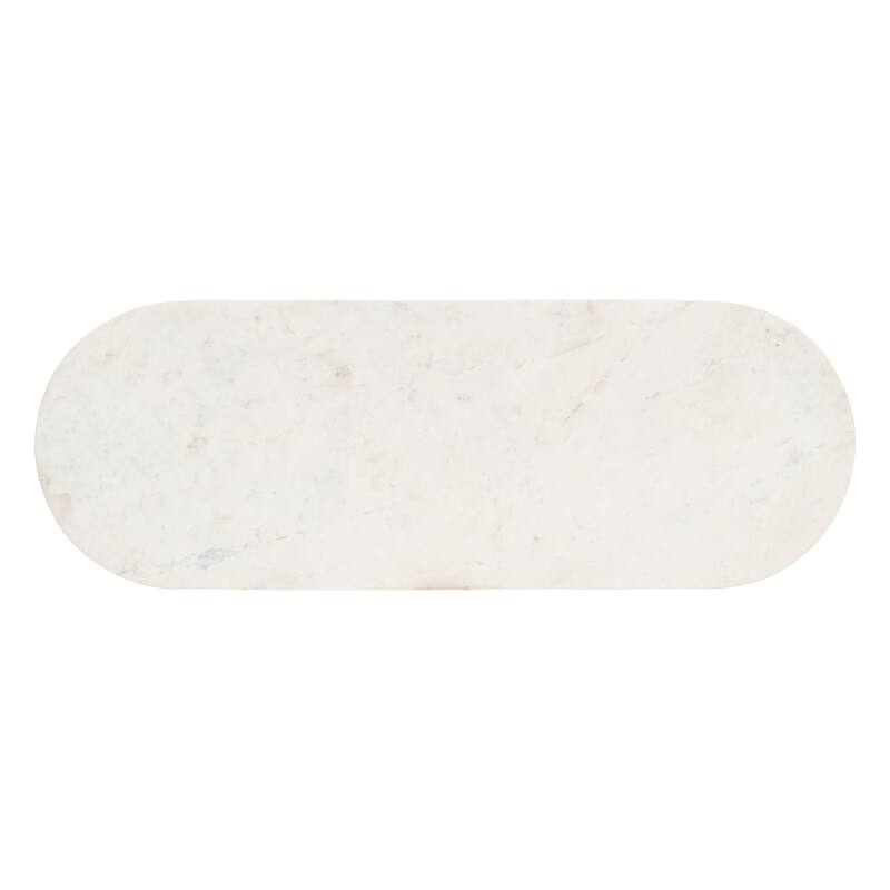 HomeRoots 52" White and Black Genuine Marble and Solid Wood Oval Double Pedestal Console Table