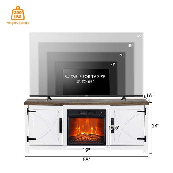 dimension image slide 1 of 4, 58-Inch Farmhouse Electric Fireplace TV Stand with Storage Cabinets and Adjustable Shelves