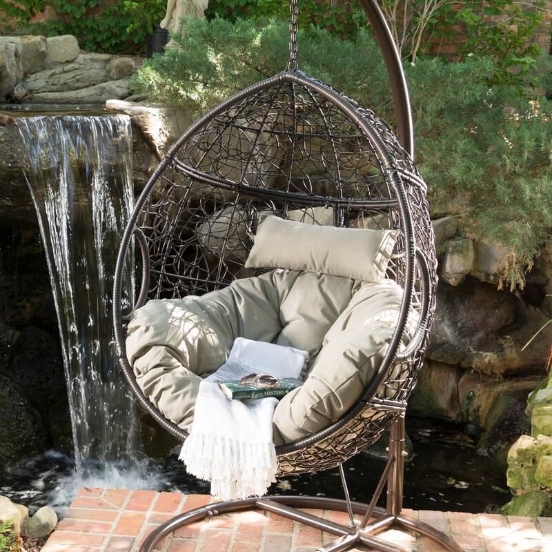 Waterproof Outdoor Wicker Hanging Basket Chair with Cushions, Hammock Seat - 300 lbs Capacity - Khaki+Brown