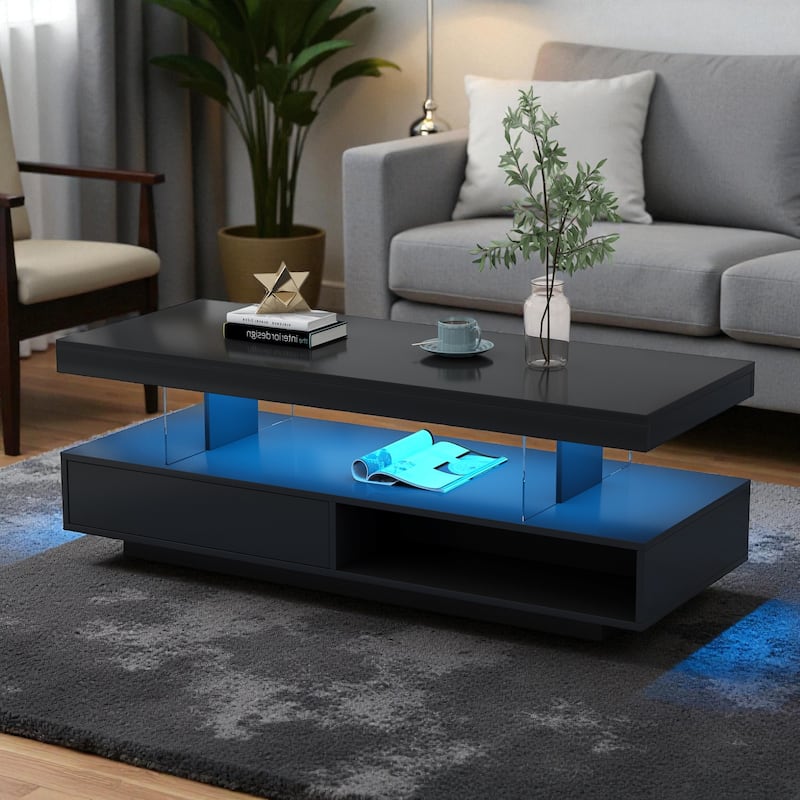51.2'' LED Coffee Table with 2 Drawers and Shelves, Modern High Gloss Center Table with Storage for Living Room