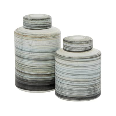 Ceramic Striped Decorative Jars - Set of 2 Gray - Roche River Decor - 8"W x 8"L x 13"H