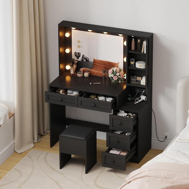 Makeup Vanity Desk and Stool,Vanity Table Set with Charging Station, Drawers and Hidden Storage Shelves