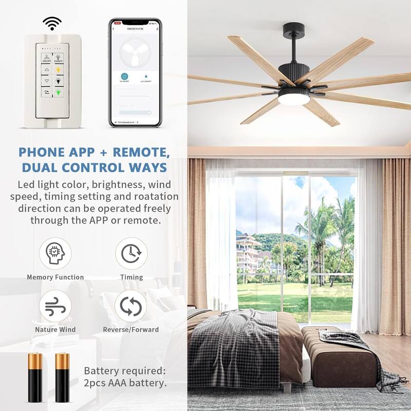 76 Inch Ceiling Fan with Lights Remote Control 8 Solid Wood Blades with 18W Dimmable LED Light