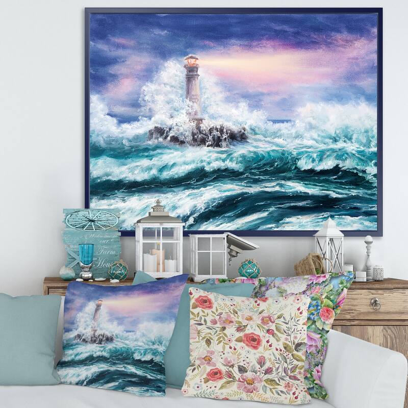 Designart "Lighthouse Wild Blue Ocean Waves" Nautical & Coastal Framed Canvas Wall Art Print