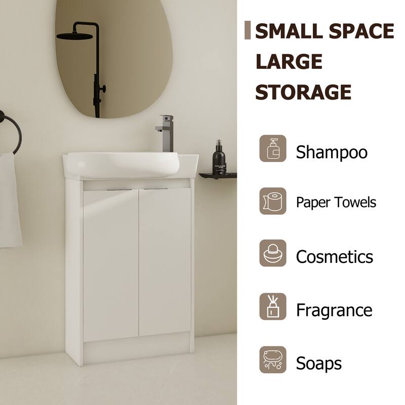 Compact Bathroom Vanity with Sink, Oval Single Ceramic Sink Bathroom Cabinet for Small Bathroom - Glossy White - 22.8 Inch