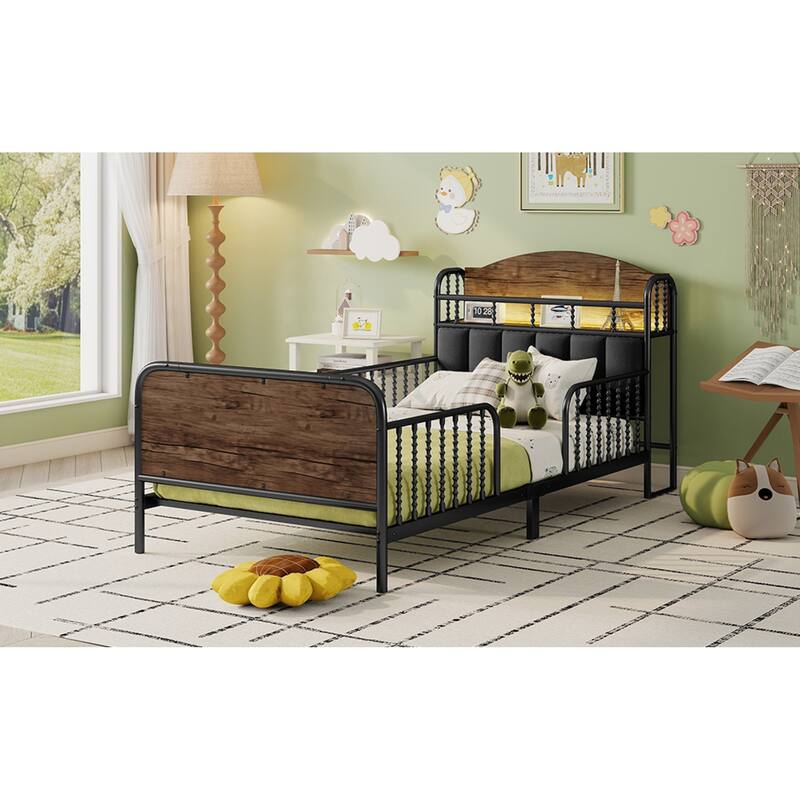 Roomfitters Twin/Full Metal Platform Bed, LED Storage Headboard and Guardrails with Metal Frame for Bedroom or Guest Room