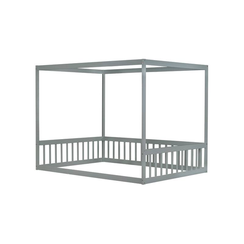 Full Size Rubber Wood Floor Bed Canopy Bed with Fence,Guardrails
