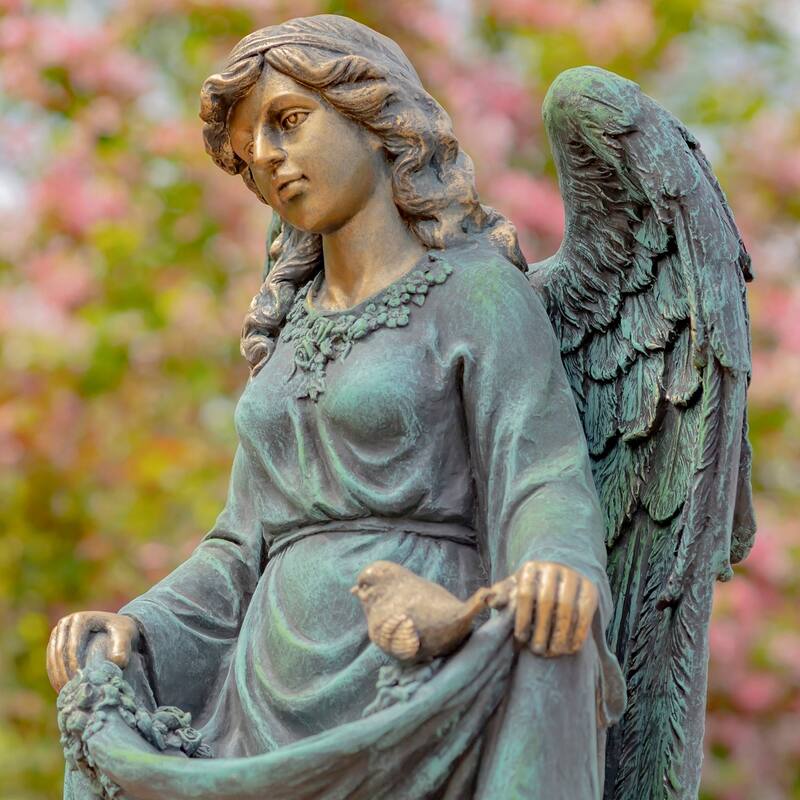 37" Tall Magnesium Angel Statue and Birdbath in Antique Bronze
