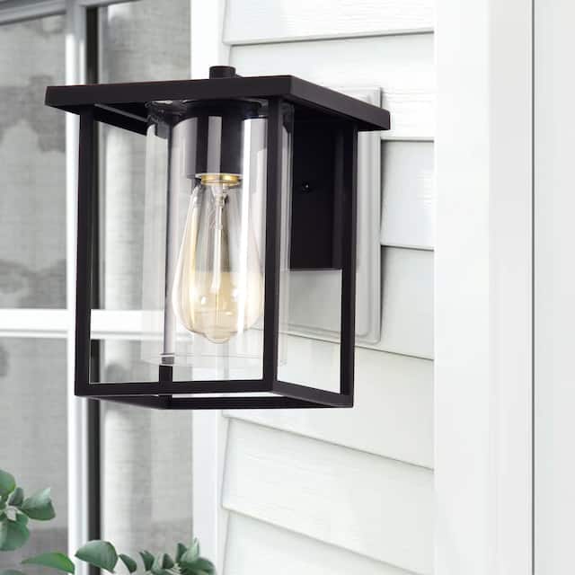 1-light Matte Black Outdoor Wall Sconce Lantern with Clear Glass Shade - W7"xD7"xH9.25"