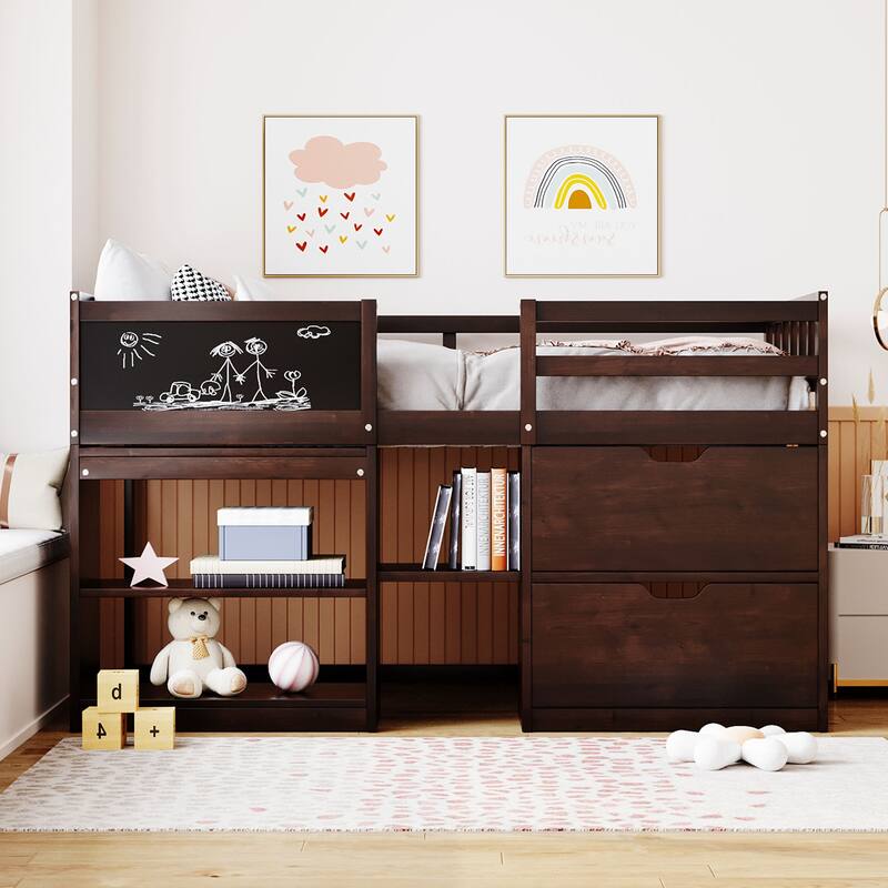 Twin Size Low Loft Bed, Multi-Functional Loft Bed w/Rolling Desk, Blackboard & Drawers, Solid Wood Loftbed Bedframe w/Guardrail - Espresso - Twin
