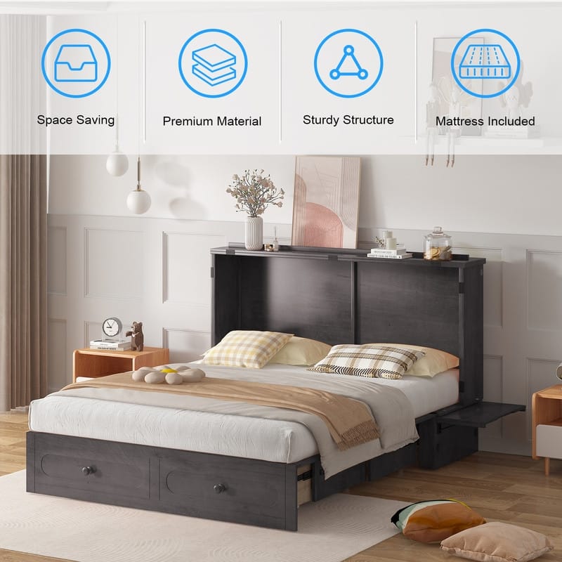 Mixoy Murphy Bed,Cube Foldable Cabinet Bed with Charging Station
