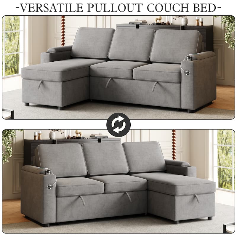 85.8" Sleeper Sectional Sofa with Storage Chaise, Armrest, Charging Port
