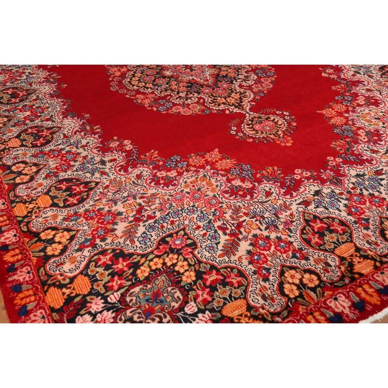 Red Medallion Kerman Persian Vintage Area Rug Handmade Wool Carpet - 9'2"x 12'8"