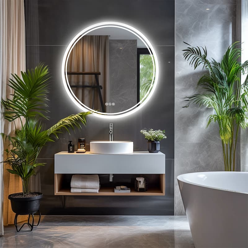 Round LED Illuminated Bathroom Mirror Makeup Shaving Anti-Fog