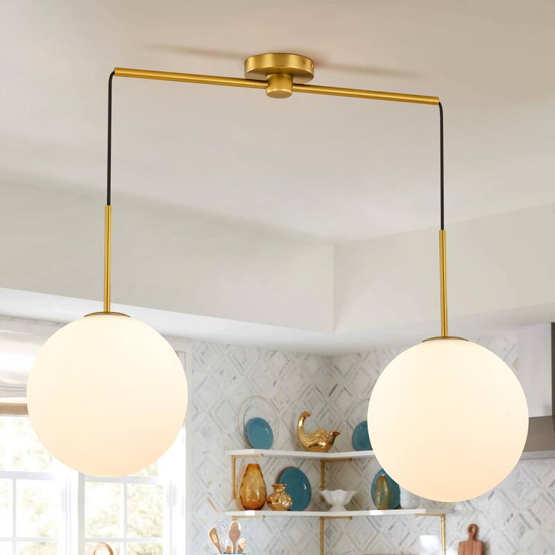 2-Light Modern Gold Linear Opal Frosted Glass Globe Bubble Kitchen Island Lights/Pendant - Brushed Gold