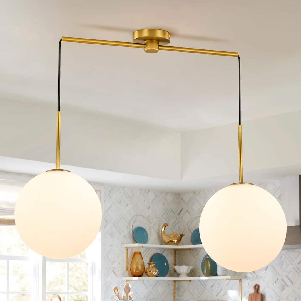 2-Light Modern Gold Linear Opal Frosted Glass Globe Bubble Kitchen Island Lights/Pendant