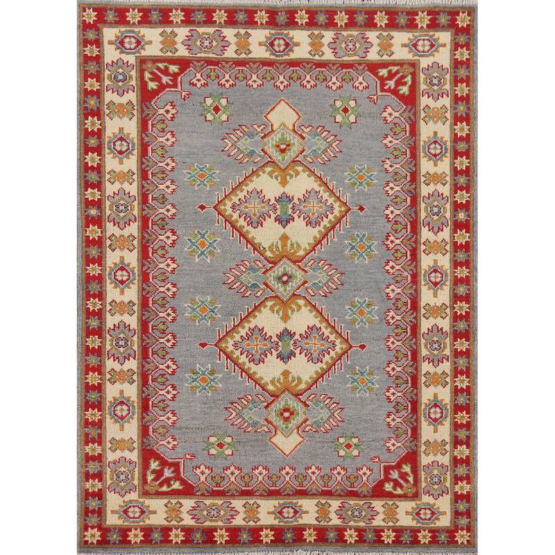 Gray Geometric Kazak Oriental Accent Rug Hand-Knotted Wool Carpet - 3'5" x 4'10"