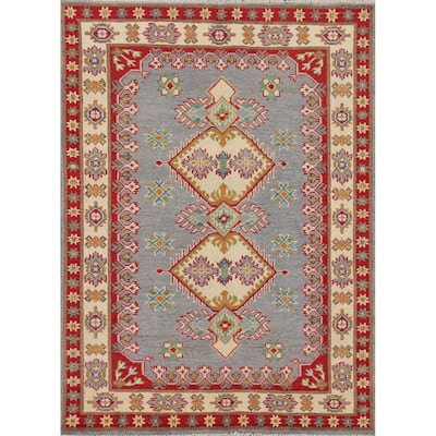 Gray Geometric Kazak Oriental Accent Rug Hand-Knotted Wool Carpet - 3'5" x 4'10"