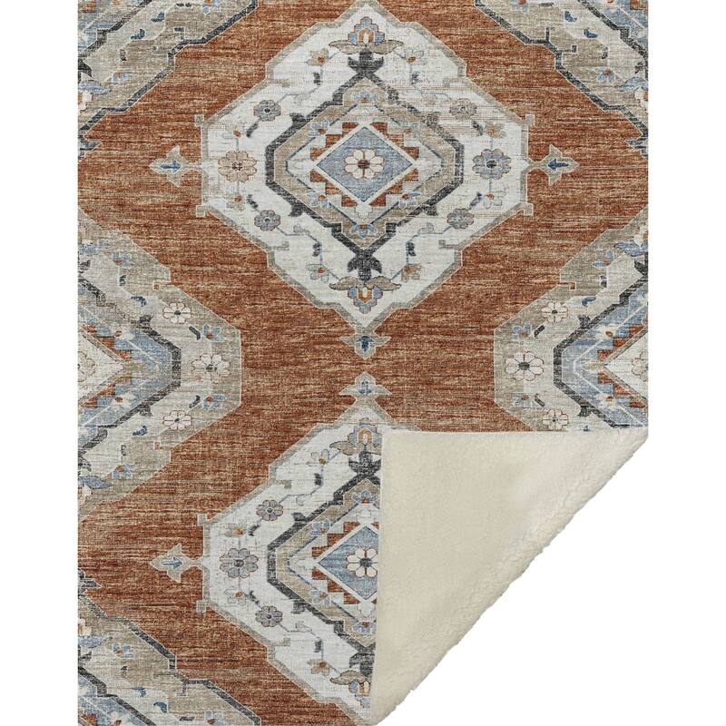 HomeRoots 50" X 70" Rust Ivory And Blue Floral Microfiber Plush Throw Blanket