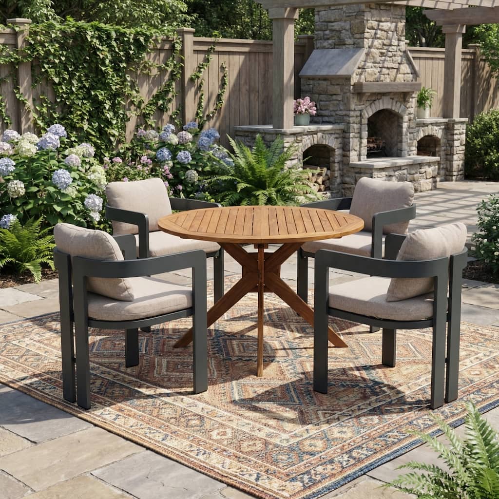 Christopher Knight Home - Oakridge Outdoor Acacia Wood 5-Piece Dining Set with Aluminum Frame Chairs and Cushions