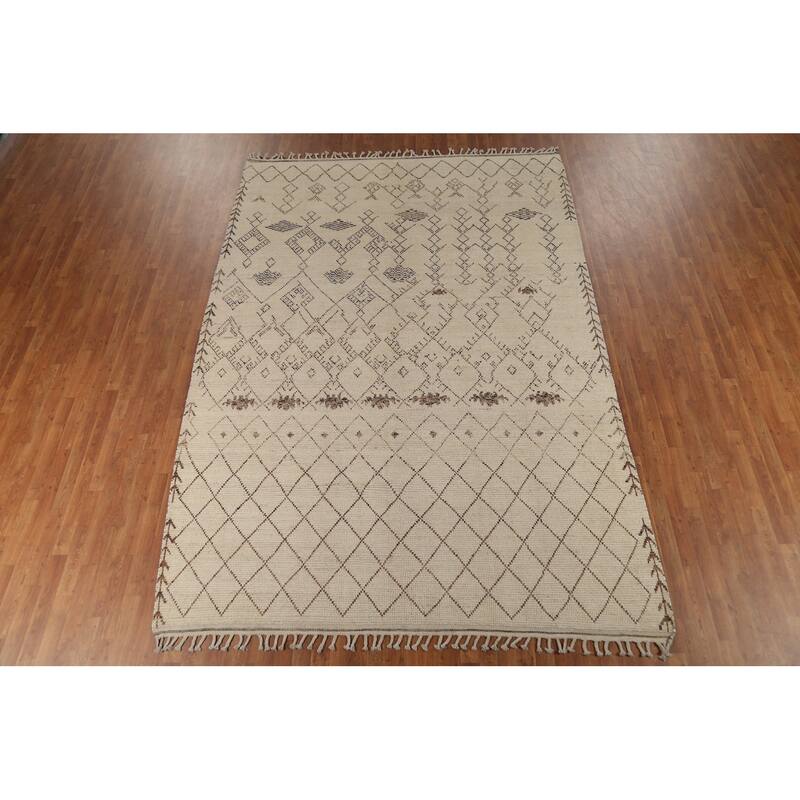 Ivory Trellis Moroccan Area Rug Handmade Wool Carpet - 8'1"x 11'8"