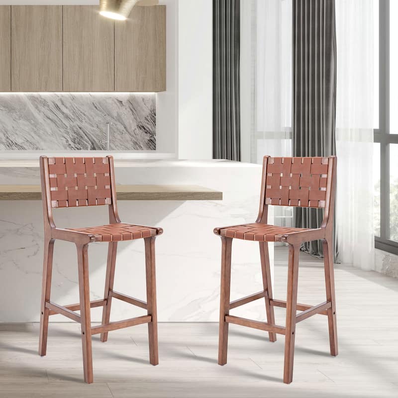 Faux Leather Kitchen Stool Chairs with Back and Wooden Legs Set of 2 - Brown