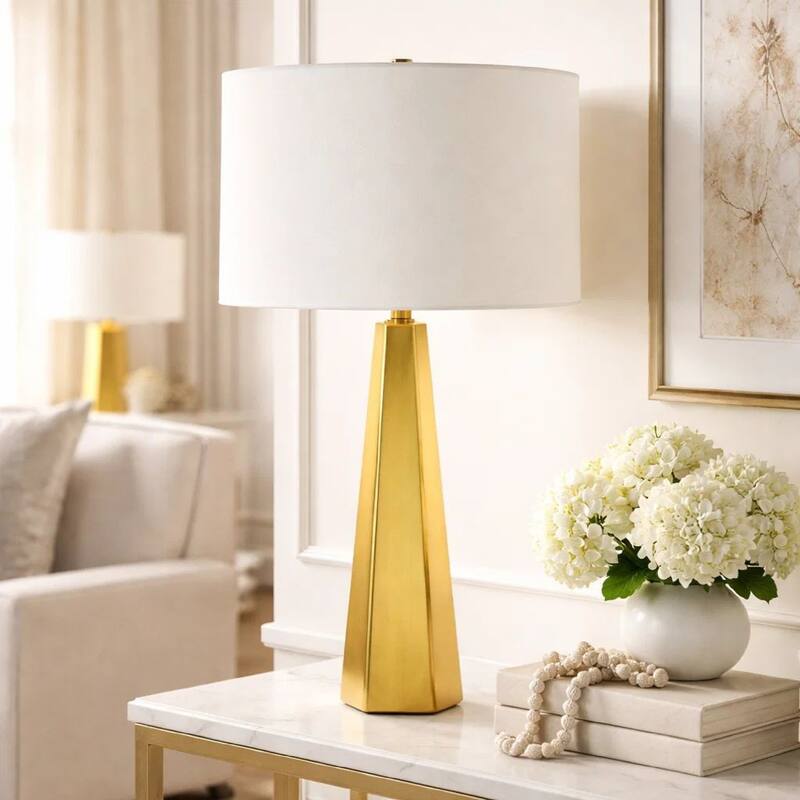 Table Lamp, White Linen Shade, Gold Ceramic Geometric Base, 28 Inch