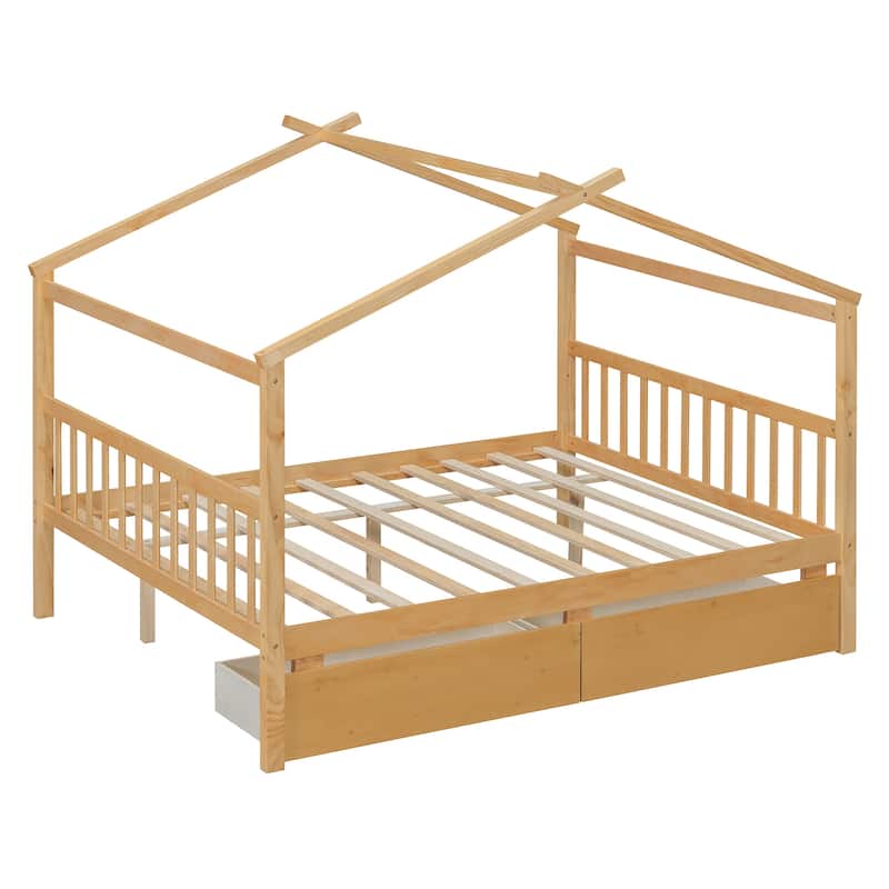 Full Size Wooden House Bed with Drawers, 79.5"L x 57.1"W x 63.1"H, Natural