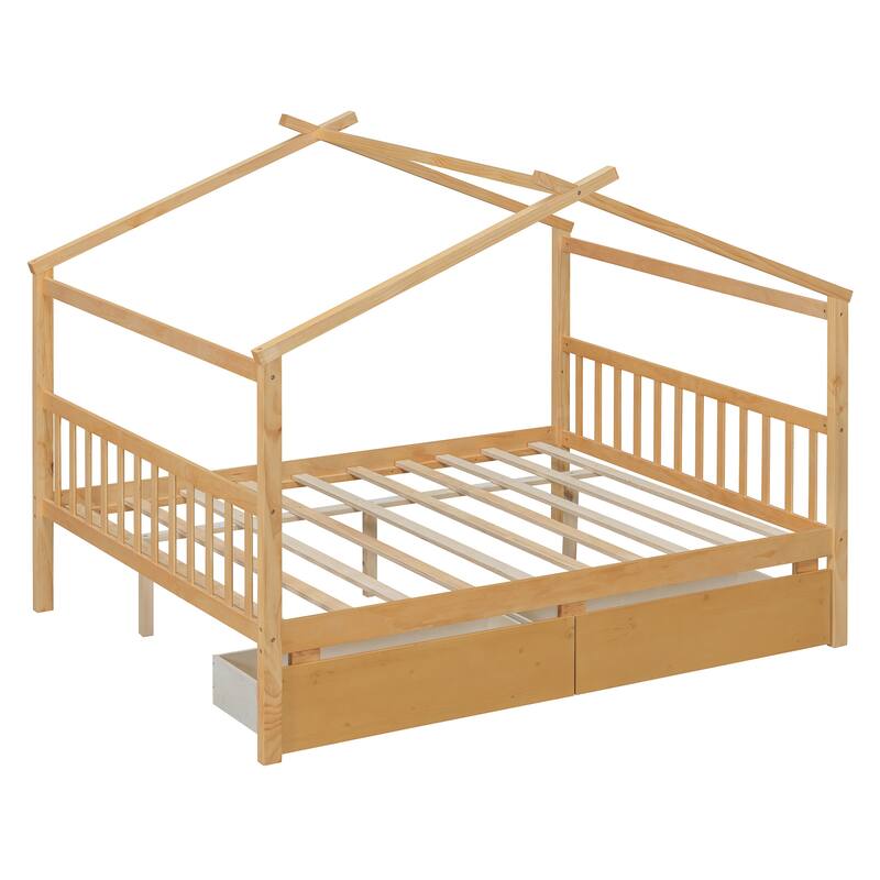 Full Size Wooden House Bed with Drawers, Natural Finish, Sturdy Pinewood Construction