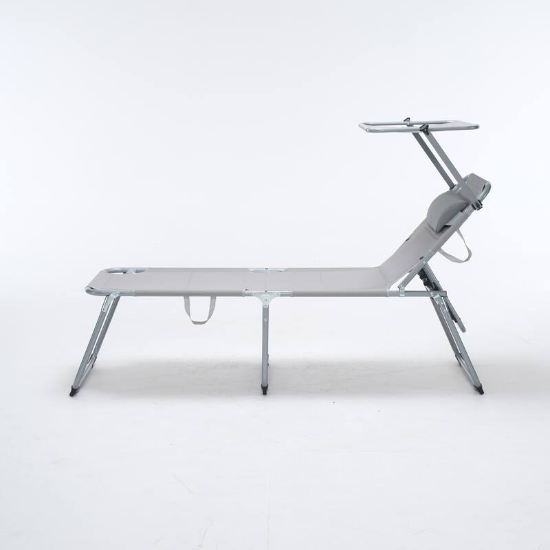 Folding Lounge Chair with Canopy, Patio Sun Tanning Chair, Outdoor Reclining Chair with Position Adjustable Backrest for Beach